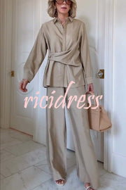 Juliette Cross-front Button Up Long Sleeve Shirt and Elastic Waist Pocket Loose Pants Set