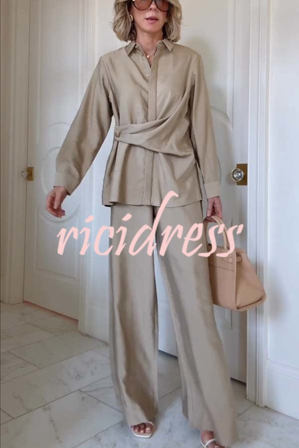 Juliette Cross-front Button Up Long Sleeve Shirt and Elastic Waist Pocket Loose Pants Set