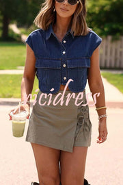 Stylish Weekend Denim Button Up Cape Sleeve Pocket Crop Top