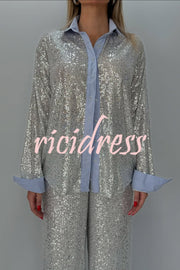 Fashion Sequined Loose Long-sleeved Shirt and Casual Elastic Waist Wide-leg Pants Set