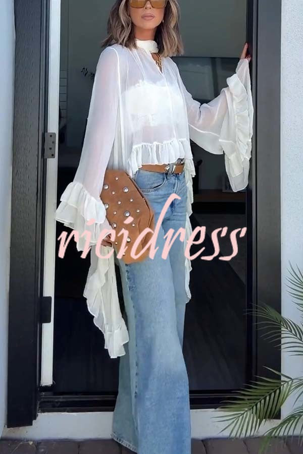 Flowy See-through Ruffle Tie-up Neck Bell Sleeve High-low Hem Cape Shirt