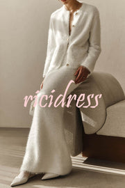 Solid Color Long-sleeved Button-pocket Knitted Jacket and Elegant Long Skirt Set