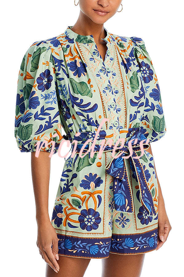 Elouise Linen Blend Unique Print Button Puff Sleeves Tie-up Pocketed Romper