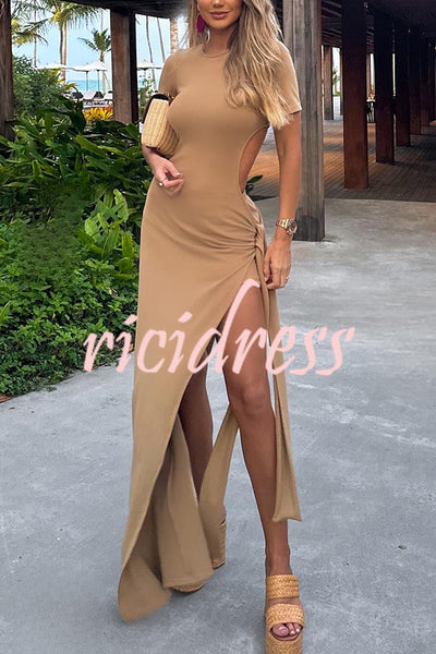 Holiday Party Ribbed Knit Cutout Waist Straps Slit Maxi Dress