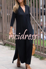 Solid Color V-neck Casual Slit Maxi Dress