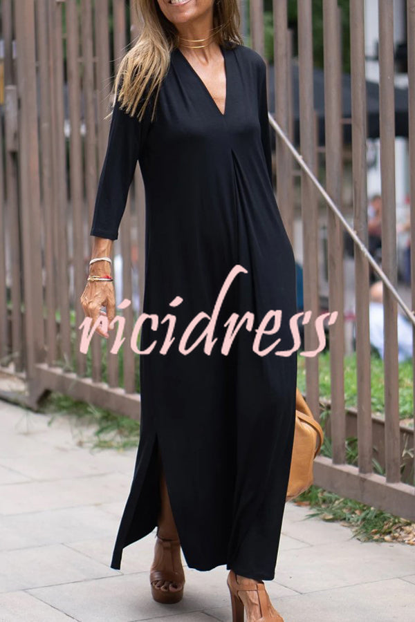 Solid Color V-neck Casual Slit Maxi Dress