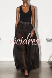 Avant-garde Fashion Denim Flowing Organza Patchwork Pocketed Wide Leg Jeans