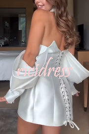 Muse Satin Double-breasted Split Puff Sleeve Back Lace-up Halter Blazer Mini Dress