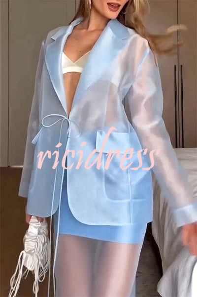 Simple and Light See-through Fabric Tie-up Long Sleeve Pocket Lapel Blazer