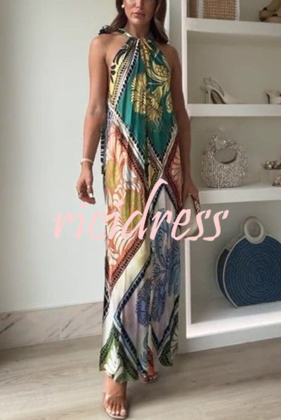 Unique Printed Halterneck Sleeveless Loose Lace-up Midi Dress