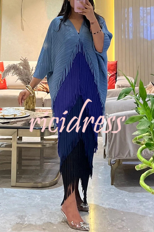 Fashionable Color-blocked Multi-layered Tassel Loose Midi Dress