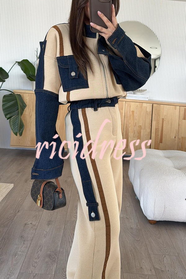 Chill Whispers Denim Patchwork Sweatshirt Fabric Striped Elastic Waist Pocket Loose Pants