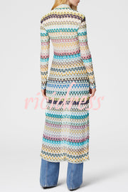 Anna Knit Colorful Herringbone Print Shirt Neck Button Long Sleeve Slim-fit Long Cardigan