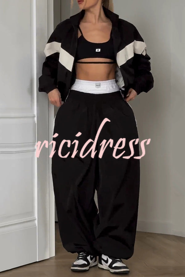 Fashionable Contrasting Long-sleeved Loose Coat and Elastic Waist Wide-leg Pants Set