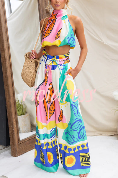 Maison Linen Blend Unique Print High Neck Top and Elastic Tie-up Waist Pocket Wide Leg Pants Set