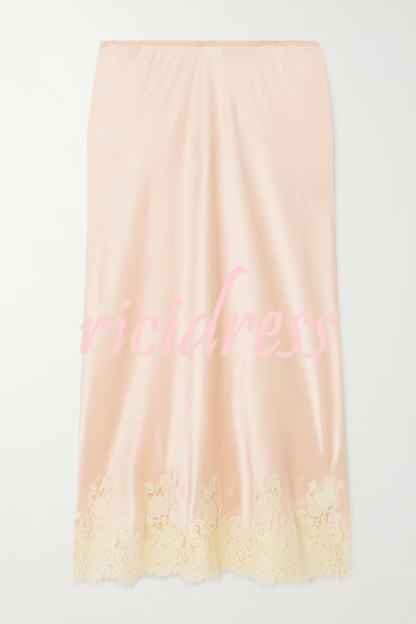 Celebration Look Contrast Color Satin Lace Trim Elastic Waist Drape Midi Skirt