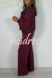Fashion Contrast Color V-neck Loose Cardigan and Elastic Waist Casual Pants Set