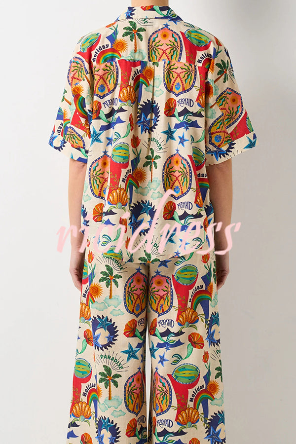 Linen Blend Unique Print Loose Short Sleeve Shirt and Elastic Waist Tie Pocket Pants Set