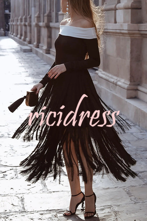 Elegant Tassel Hem Elastic Waist Casual Maxi Skirt