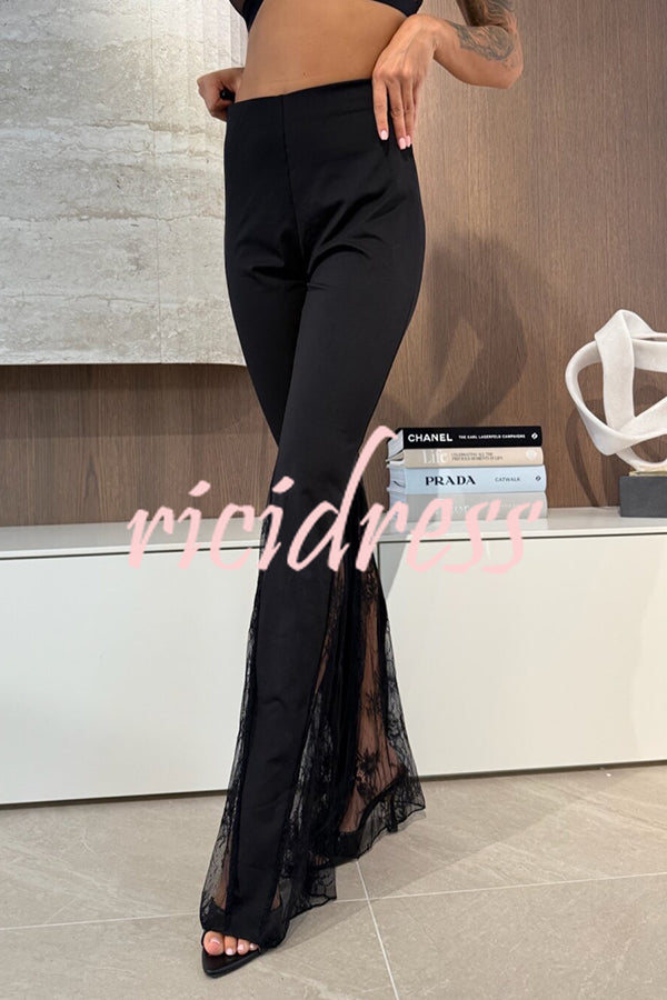 Dazzling Night High Waist Side Lace Hem Stretch Flare Pants