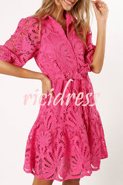 Solid Color Lace Cutout Balloon Sleeves and Waist Tie Mini Dress