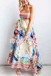 Satin Resort Print Sling Back Pleated Maxi Dress