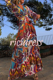 Colorful Day Unique Print Bell Sleeve Cutout Waist Layered Maxi Dress