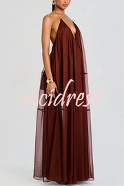 Flowing Lightweight Chiffon Chain Halter Neck Detail Backless A-line Maxi Dress