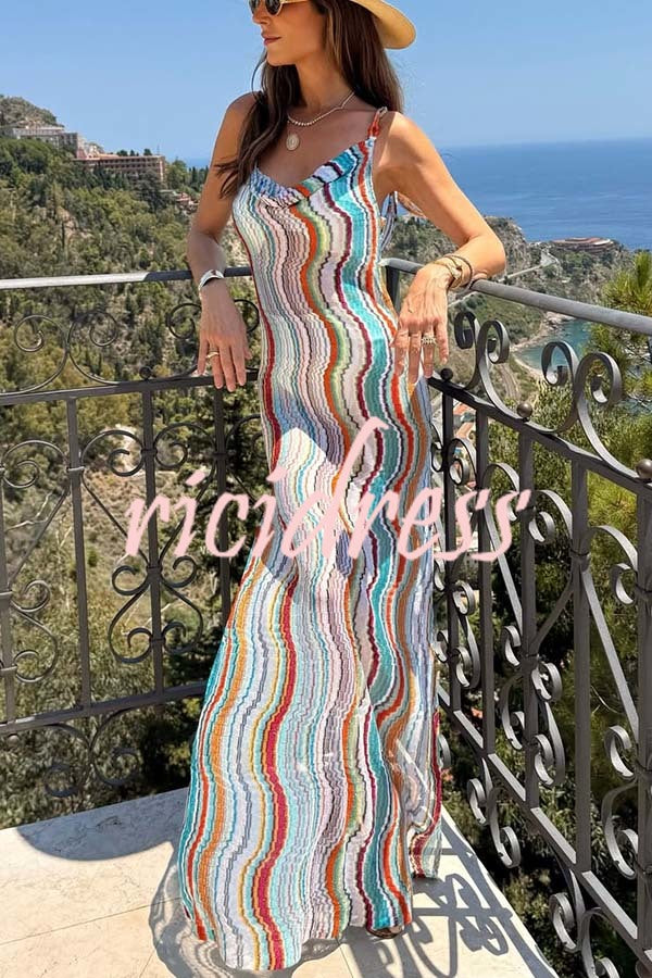 Clarissa Knit Colorful Wave Print Cowl Neck Open Back Slit Maxi Dress