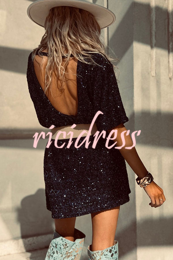 Night Moves Sequin Fabric Short Sleeve Backless H-line Mini Dress