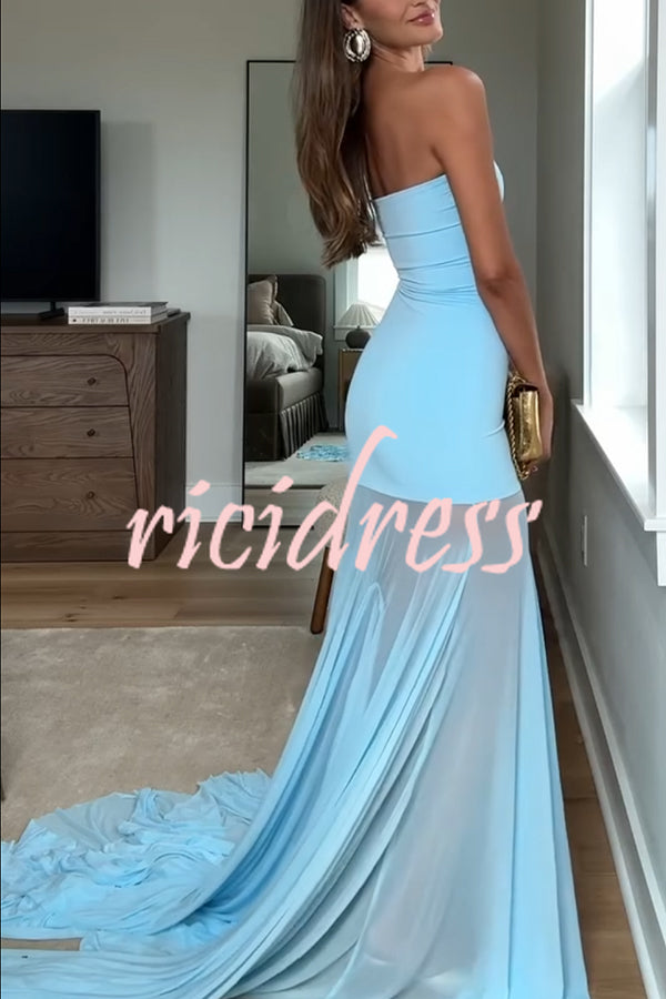 Blue Sky Off Shoulder Contrast Sheer Mesh Fabric Stretch Maxi Dress