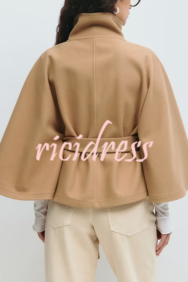 Fashionable Stand Collar Button Waist Tie Loose Cape
