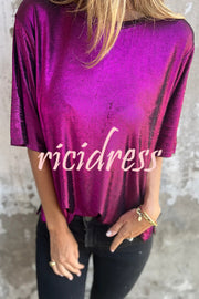 Metallic Solid Color Round Neck Short-sleeved Loose T-shirt