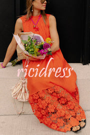 Breezy Comfort Tie-up Neck Sleeveless Floral Lace Hem Maxi Dress