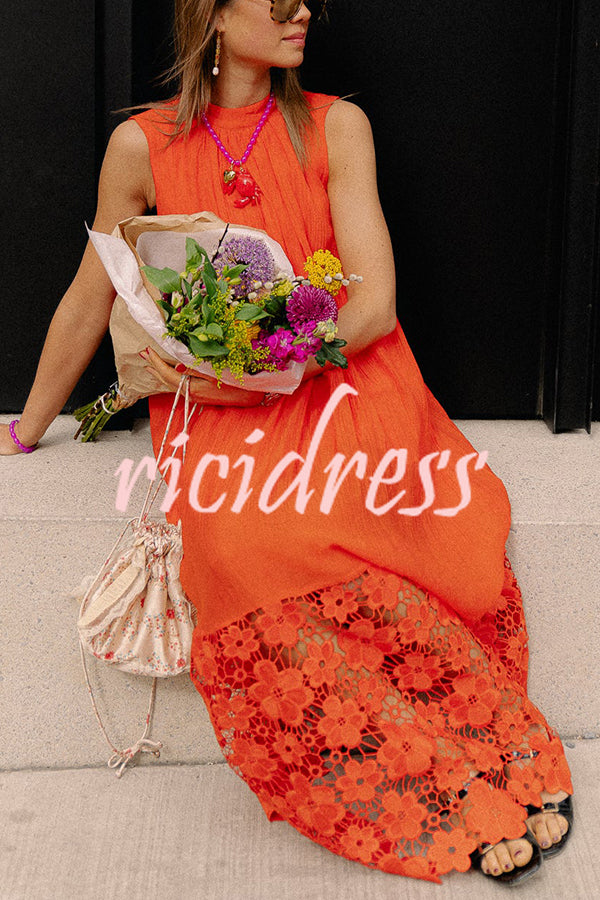Breezy Comfort Tie-up Neck Sleeveless Floral Lace Hem Maxi Dress