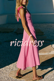 Striped Print V-Neck Lace-Up Backless Holiday Midi Dress