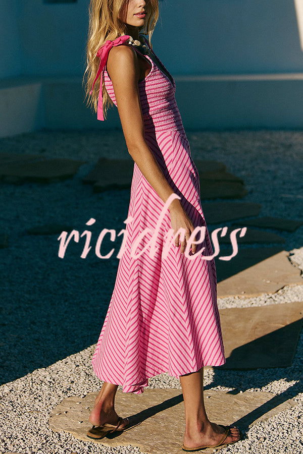 Striped Print V-Neck Lace-Up Backless Holiday Midi Dress