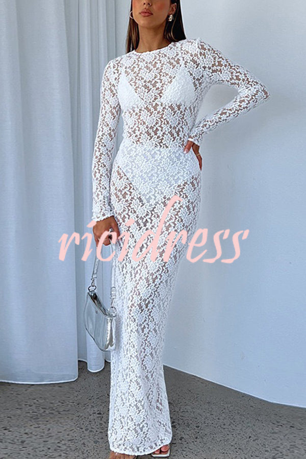 Solid Color Round Neck Long Sleeve Sexy Lace Slim Fit Cover-up Maxi Dress