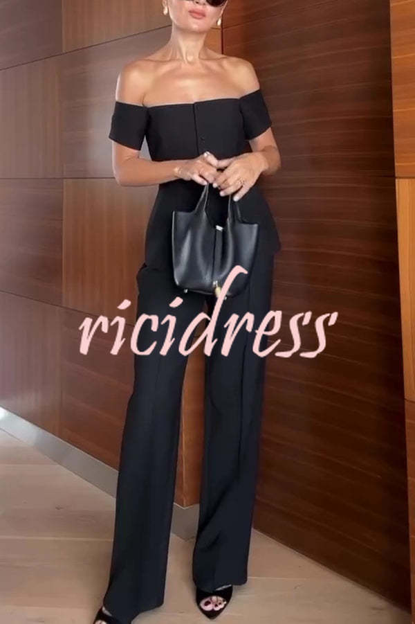 Solid Color Off-the-shoulder Single-breasted Top and Casual Pocket Straight-leg Pants Set