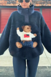 American Retro Polo Bear Pattern Stand Button Neck Long Sleeve Fleece Pullover