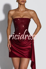 Party Entrance Sequin Corset Ruched Satin Ruffle Hem Strapless Mini Dress