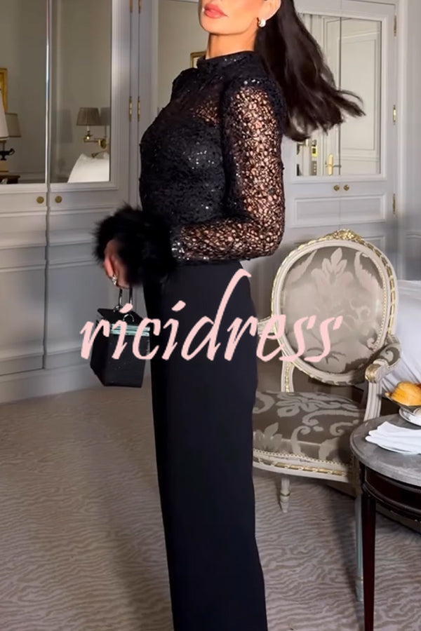 Aerie Sequin Embellished Mock Neck Long Sleeve Feather Cuff Flare Jumpsuit