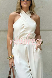 Solid Color Halterneck Sleeveless Waisted Casual Pocket Straight Jumpsuit