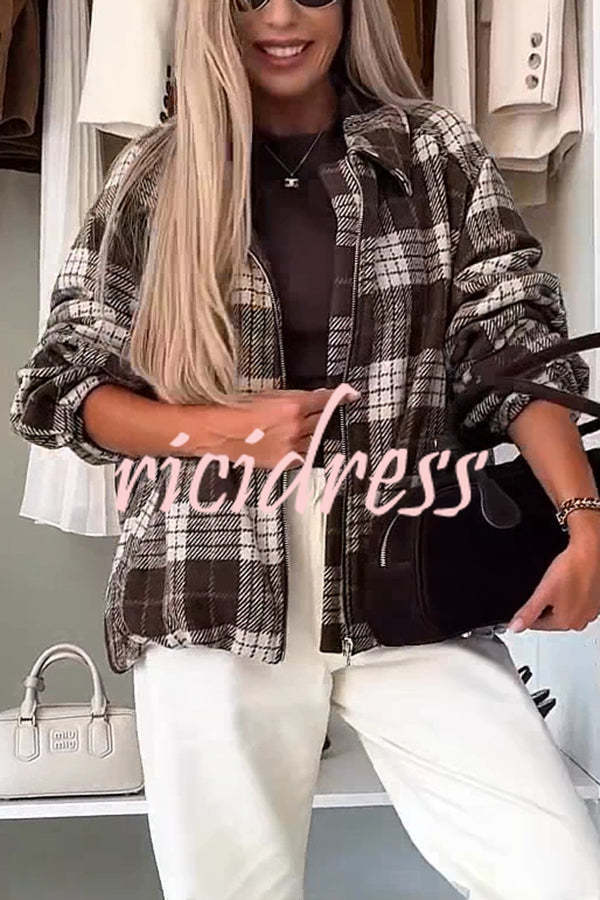 Fashion Plaid Print Lapel Long Sleeve Loose Zipper Jacket