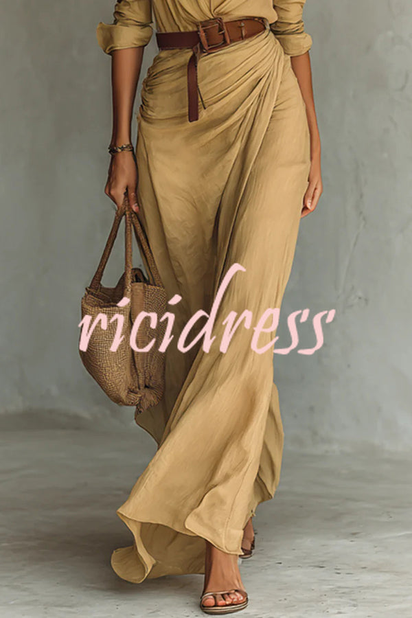 City Sleek Single Breasted Long Sleeve Warp Slit Shirt Maxi Dress