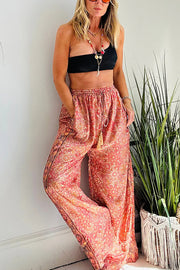 Vintage Boho Ethnic Print High Rise Elastic Drawstring Waist Pocketed Loose Pants