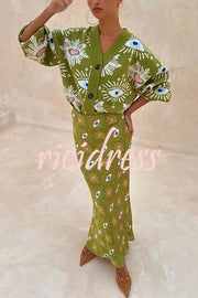 Mysterious Magic Knit Eye Heart Pattern Button Up Long Sleeve Loose Cardigan