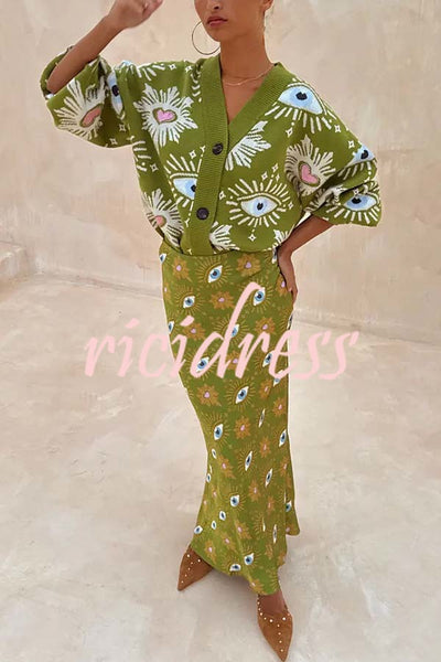 Mysterious Magic Knit Eye Heart Pattern Button Up Long Sleeve Loose Cardigan