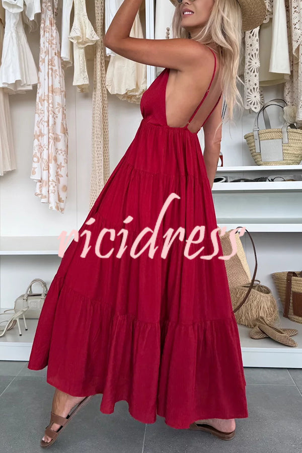 Bohemian Style V-neck Backless Slip Layered Vacation Maxi Dress