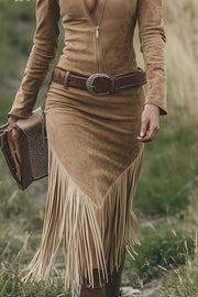 Retro Western Style Long-sleeved Fringed Hem Midi Dress